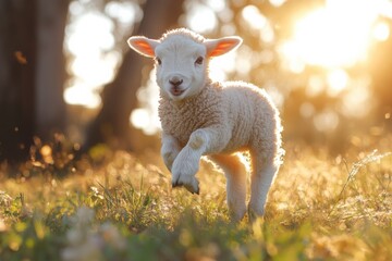 Obraz premium Lamb frolicking joyfully in a sunny meadow during golden hour