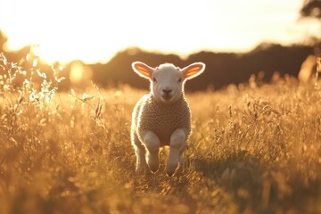 Frolicking lamb enjoying a sunny afternoon in a vibrant field of grass