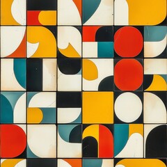 A vibrant, geometric tile pattern featuring a mix of curves and colors, including red, yellow, blue, and white, creating a dynamic visual effect.