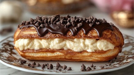 Delicious eclair topped with chocolate and chocolate chips on a decorative plate