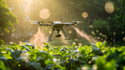 Food Technology, AI-controlled drone spraying crops in a smart farm