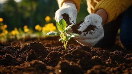 Fototapeta premium Hands Gently Planting a Young Seedling in Rich Dark Soil Surrounded by Vibrant Flowers on a Sunny Day in a Lush Garden