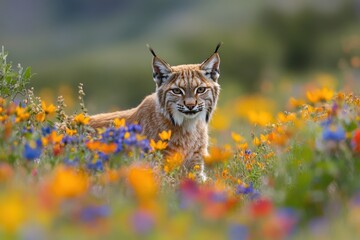 Lynx stalking through a colorful wildflower field during late afternoon light