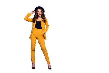 Full length body size view of her she nice-looking gorgeous attractive lovely cheerful cheery content wavy-haired lady touching fixing sunhat isolated over bright vivid shine violet lilac background