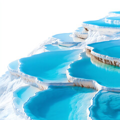 Stunning view of unique travertine terraces with vibrant blue waters, creating a mesmerizing natural landscape.