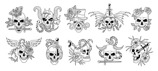 Creepy skull. Death symbols skull tattoo illustrations recent vector design template set