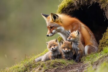 Playful fox kits delight in their natural habitat while exploring with their mother