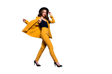 Profile side full length body size view of nice-looking glamorous gorgeous attractive content...