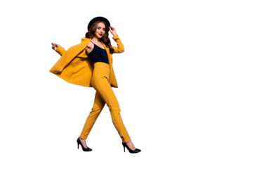 Profile side full length body size view of nice-looking glamorous gorgeous attractive content cheerful wavy-haired lady motion touching sunhat isolated over bright vivid shine violet lilac background