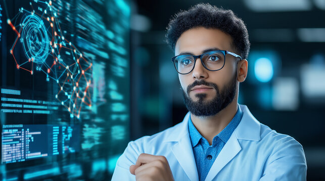 Professional data analyst examining complex data visualizations in a modern digital workspace during daytime