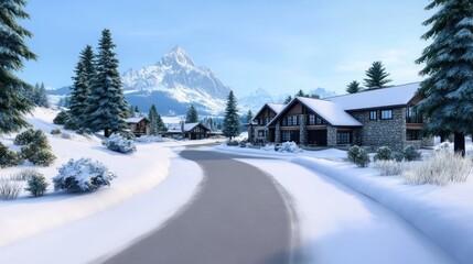 Snowy landscape with a road and mountain backdrop.