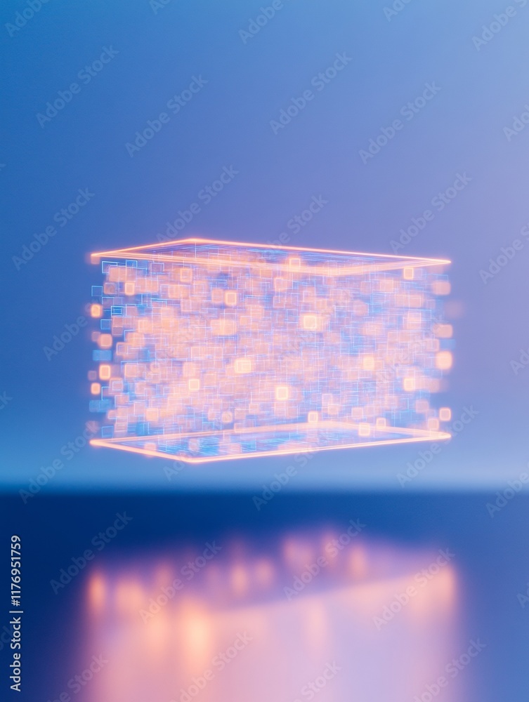 Poster Futuristic Digital Interface with Neon Geometric Patterns on Reflective Surface