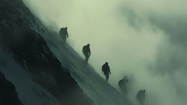 Adventurous climbers are scaling a steep mountain slope enveloped in fog as dawn breaks. The challenging conditions create an atmosphere of determination and resilience among the group - Powered by Adobe