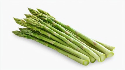 Fresh green asparagus spears arranged neatly on a white background.