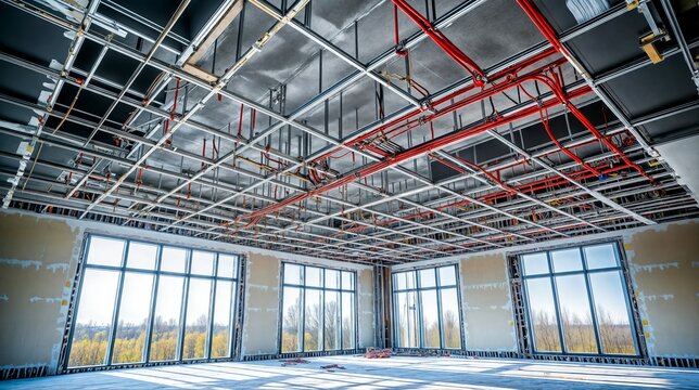 Installing suspended ceiling grid and sprinkler system in modern office building
