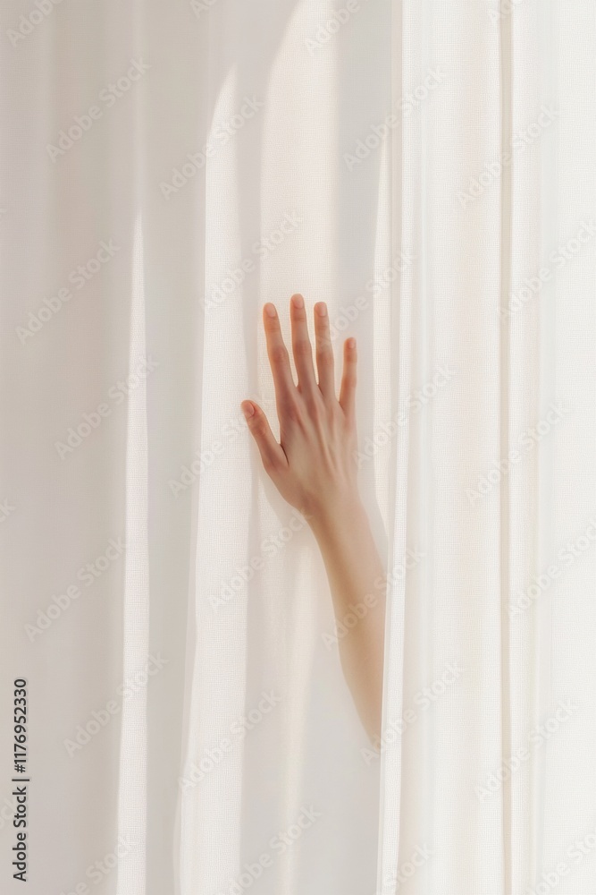 Poster reaching hand through translucent curtain in soft light emotional vulnerability and isolation