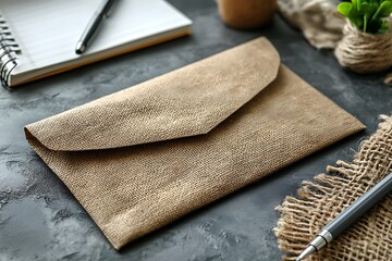 A burlap envelope lies on a gray table with a pen and notepad.