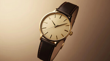 A gold watch with a simple design features a creamy dial and slender hour markers. The brown leather strap enhances its elegance, perfect for formal or casual occasions