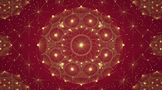 Intricate golden mandala on a deep red background, evoking elegance and warmth.