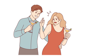 Harassment during party from man showing signs of attention to woman who does not want to communicate. Problem of harassment and crossing personal boundaries in bars due to alcohol consumption