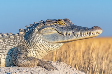 Fototapeta premium Young crocodile, resting, African savanna, sunlit grasslands, wildlife