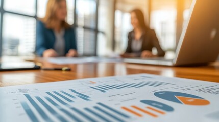 Two business professionals discuss financial reports and strategies in a modern office. Charts and graphs are visible on the table, indicating data-driven decision making