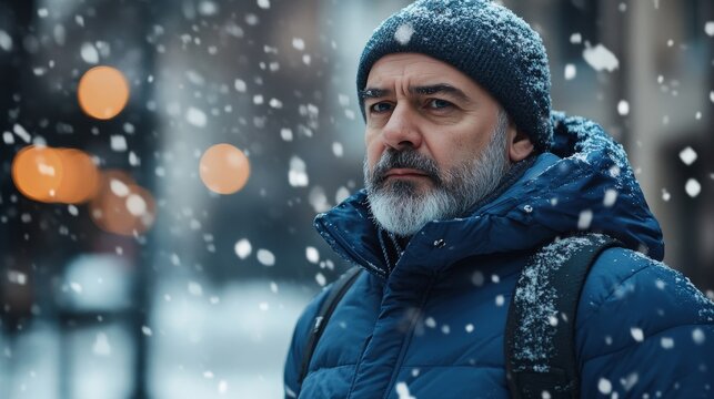 A man with a gray beard and blue jacket stands still in falling snow, lost in thought as city lights blur softly in the background, evoking a tranquil winter atmosphere