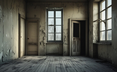 Obraz premium stock photo features a dilapidated and weathered room with cracked walls and a worn-out appearance, evoking a sense of abandonment and neglect