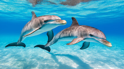 Dolphins swimming gracefully in crystal clear waters beneath a sunny sky