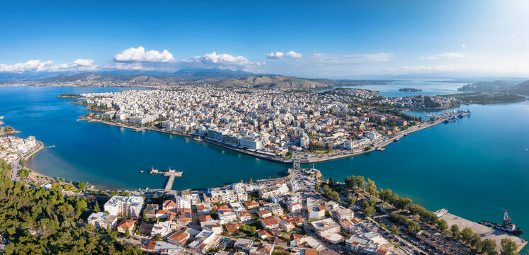 Panoramic aerial view of the City of Chalikda, Euboea, Greece, with the new and old Evripus bridge connecting the island
