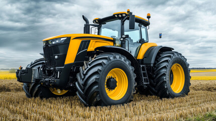 Obraz premium A bright yellow tractor is plowing through a farm field surrounded by harvested crops. The sky is overcast, creating a dramatic backdrop for agricultural work