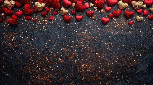 A festive Valentine's Day background filled with vibrant red and shimmering gold glitter hearts, creating a warm and romantic space ideal for love-themed messages