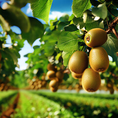 Obraz premium Vibrant kiwi fruits hanging from lush green branches under a clear blue sky, showcasing nature's bounty and agricultural beauty.