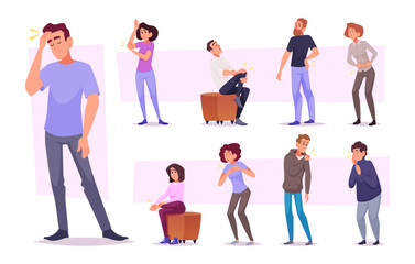 Pain. Human body suffering head physical trauma and painful parts arms knees teeth exact vector medical symptoms