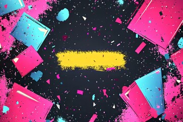 Colorful abstract background of pink, blue, and yellow shapes with confetti.