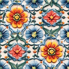 Colorful floral tile pattern featuring vibrant red, orange, and blue flowers with intricate green leaves, creating a lively, decorative design.