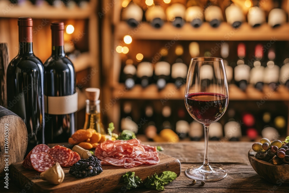 Poster elegant wine cellar featuring vintage bottles, tasting table with red wine and gourmet charcuterie b