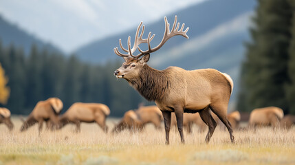 Obraz premium Herd of deer grazing peacefully in a lush meadow surrounded by mountains during autumn
