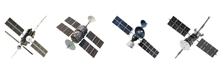 Space Satellites Set with Solar Panels Isolated on Transparent Background