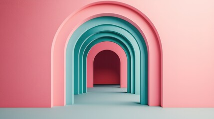 Fototapeta premium A modern hallway featuring a series of colorful arches in pink and teal, creating a visually striking geometric pattern.