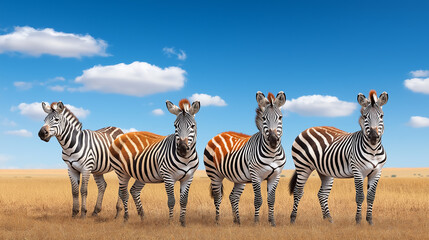 Herd of zebras grazing on a savanna under a clear blue sky, showcasing their distinct black and white stripes surrounded by tall grasses