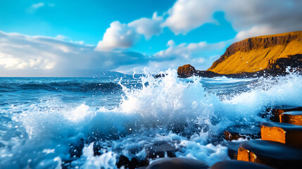 Waves crashing against rocky shore under a vibrant blue sky.