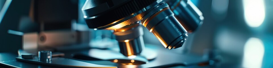 Close-up of a microscope lens focused on a slide in a modern laboratory with bright lighting
