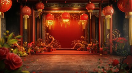 A vibrant Chinese New Year frame with golden tassels, bright red lanterns, and glowing dragon motifs in a festive hall