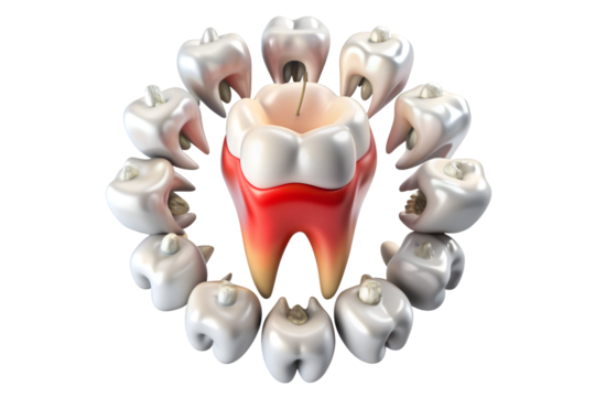 Sore tooth amidst healthy teeth isolated on transparent background. png