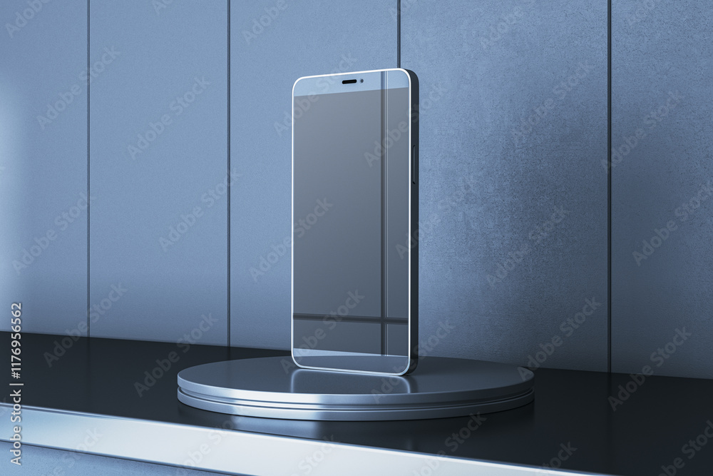 Poster modern smartphone with blank screen on sleek stand, clean background. 3d rendering