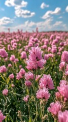 Obraz premium Vibrant pink flowers bloom under a bright blue sky with fluffy white clouds in a sunny field