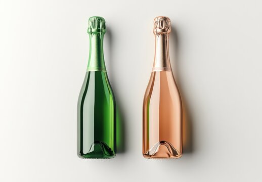 Green, rose champagne bottles, studio shot, white background, mockup
