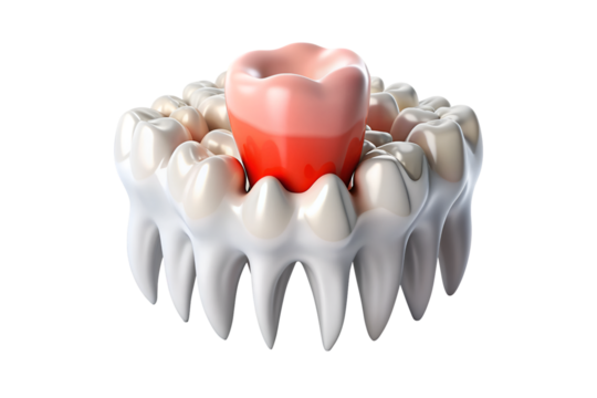 Sore tooth amidst healthy teeth isolated on transparent background. png