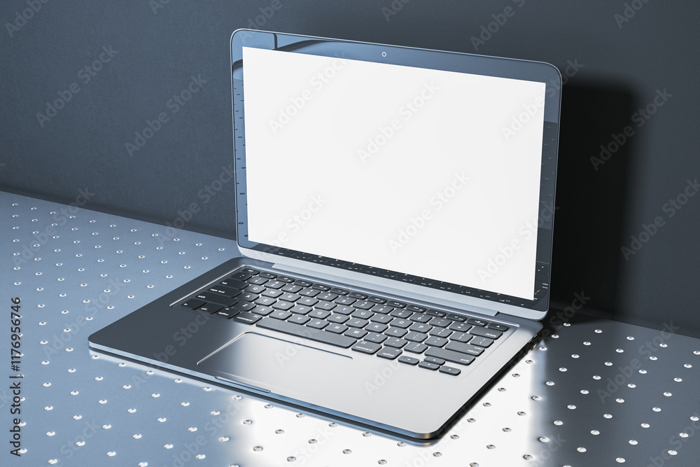 Aufkleber Open laptop with blank screen displayed on metallic dotted surface against a dark wall background. 3D Rendering